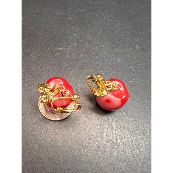 Avon "Apple A Day" Vintage Clip Earrings | Red Lucite Dangle Costume Jewelry - Picture 10 of 15